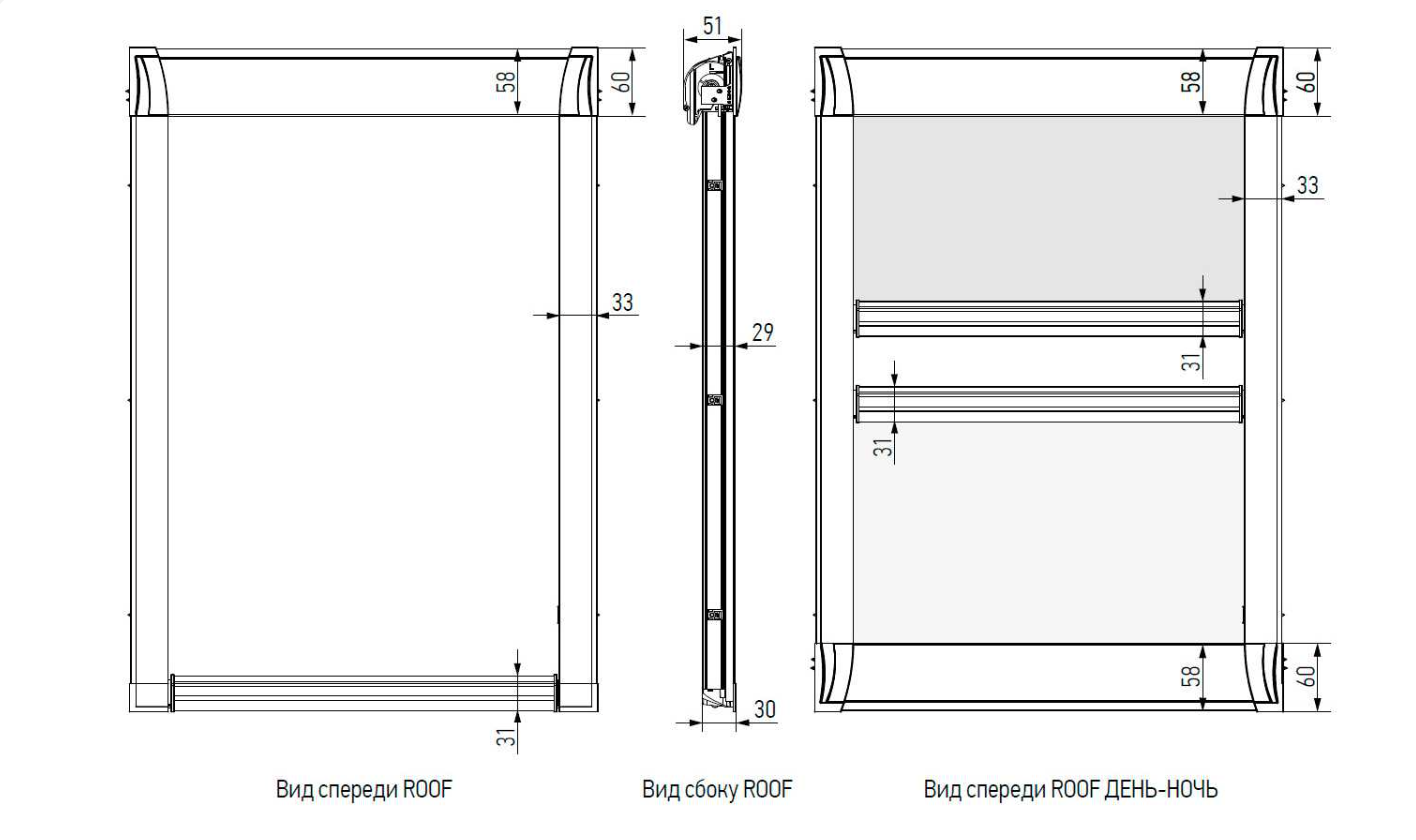 Чертёж Roof System: вид спереди, сбоку и в конфигурации день-ночь, с размерами