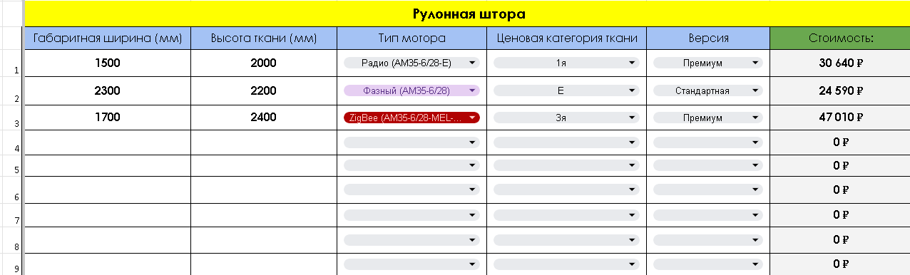 Таблица расчёта стоимости рулонной шторы с электроприводом