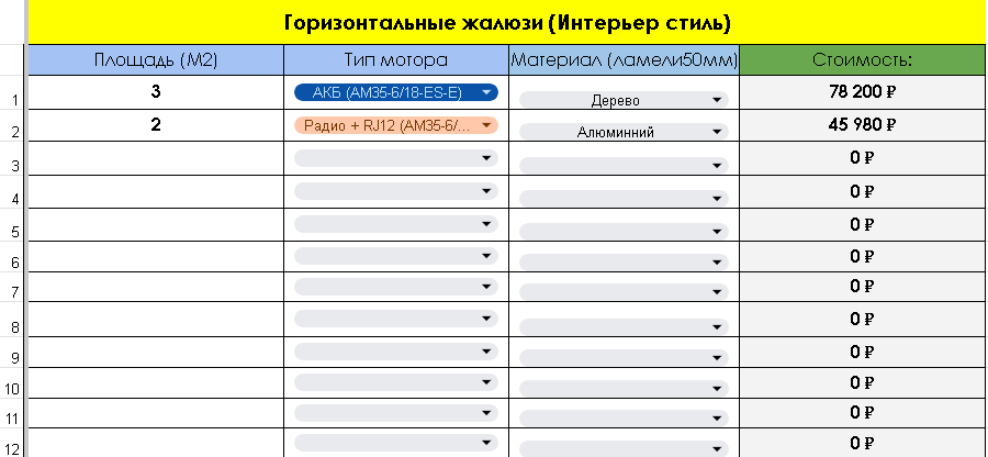 Таблица расчёта стоимости горизонтальных жалюзи с электроприводом