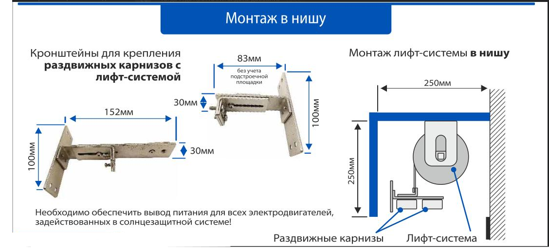 Лифт-система: кронштейны и монтаж в нишу, схема с размерами